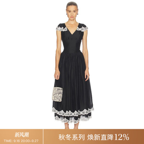 REVOLVE黑色连衣裙V领白色蕾丝拼接简约风长裙