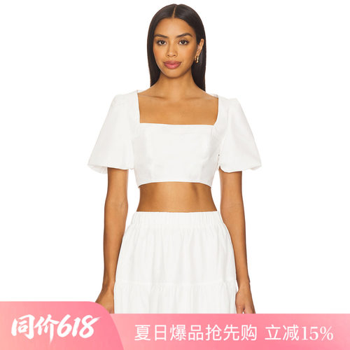 [夏季新品]REVOLVE白色衬衫简约方领短款泡泡短袖甜美上装