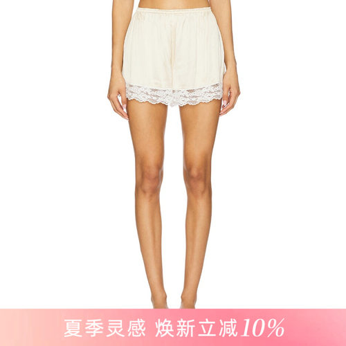 [夏季新品]REVOLVE米白色短裤松紧腰头缎面简约风短裤
