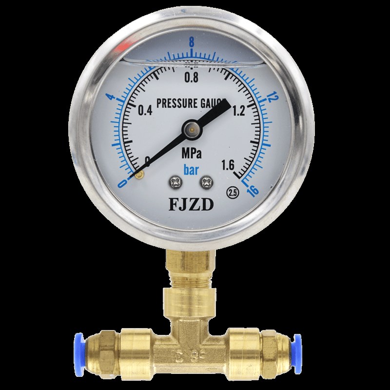 促销耐震压力表YN-60带三通快速接头8mm空压机气动10公斤接PU管