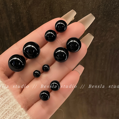 黑色珠珠耳钉日韩时尚简约耳饰