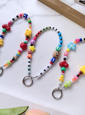 新款小清新超好看手机挂链多巴胺珠子颜色百搭女款卡通玩偶潮趣通用小众手机ccd相机短款可手提挂手腕防丢链