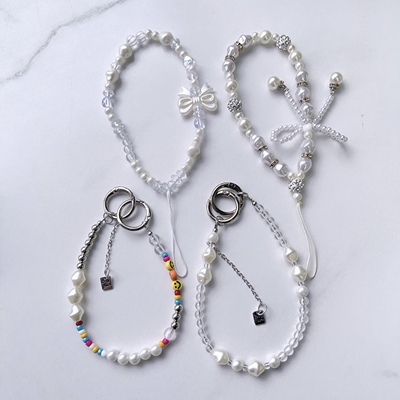 高乐多银色串珠可爱笑脸手机挂链