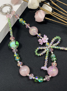 新款创意绿色手绘珠花朵水晶高级感蝴蝶结DIY手工串珠大珠珠少女粉手机壳配饰防摔防丢失结实耐用手机壳挂饰