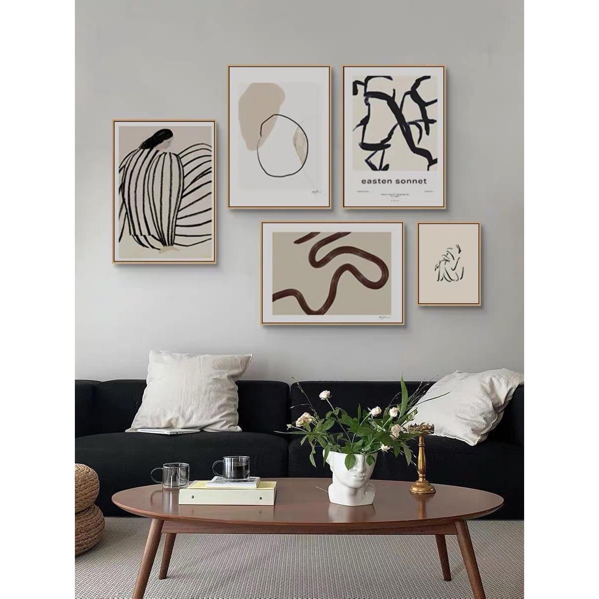 北欧风格餐厅组合装饰画现代抽象黑白线条艺术Normcore风格壁龛卧