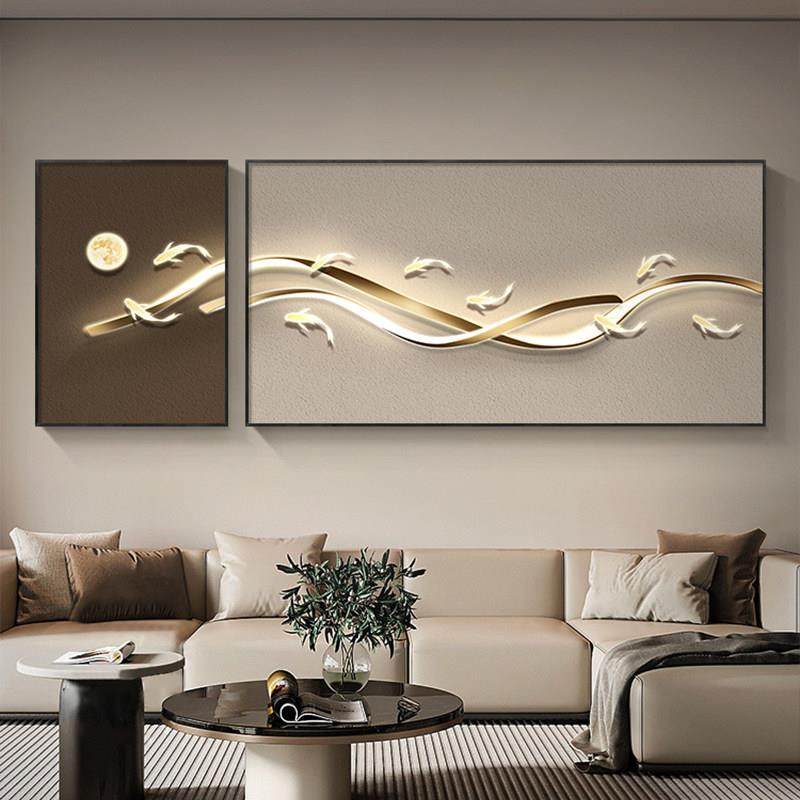 客厅装饰画新中式轻奢高级感大气沙发背景墙挂画背靠金山九鱼图,家居饰品,现代装饰画,淘宝优惠券,粉丝福利购,淘宝优惠卷