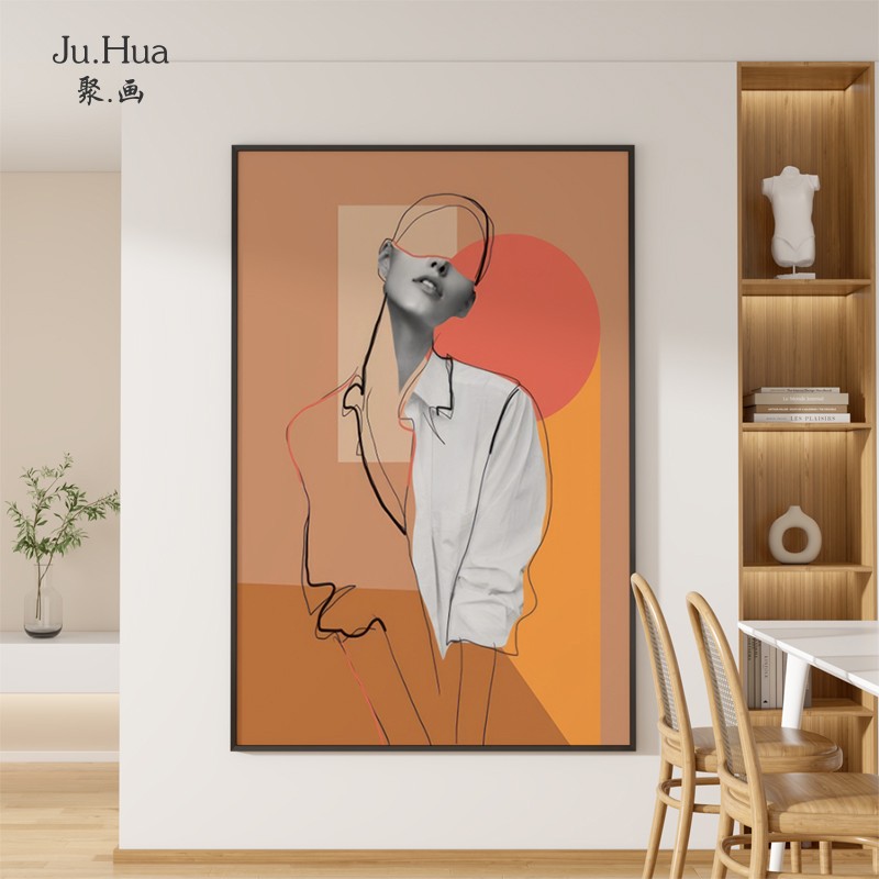 北欧轻奢莫兰迪客厅装饰画抽象色块入户玄关挂画卧室线条人物壁画图片