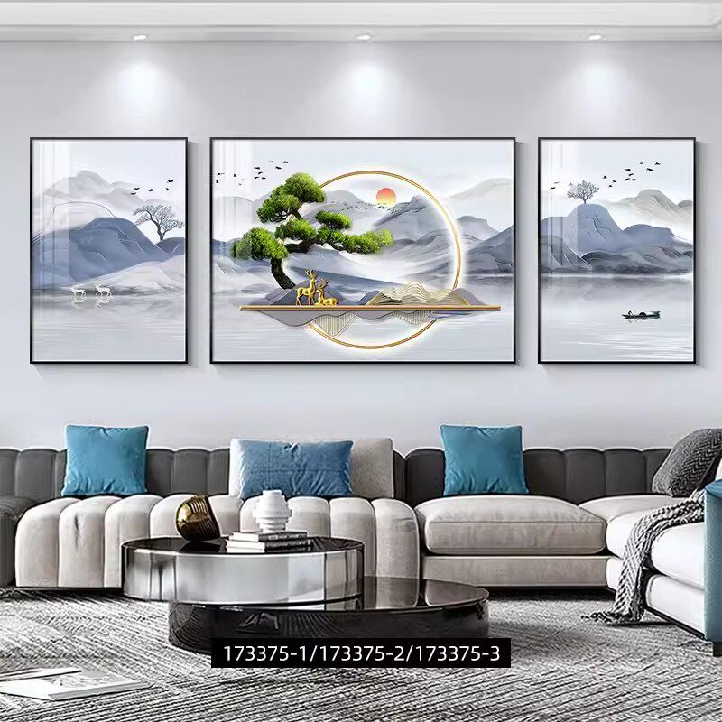 轻奢客厅装饰画沙发背景墙钻石三联画现代简约山水挂画新款晶瓷画