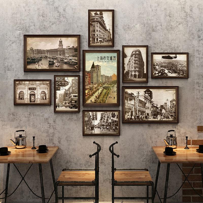民国风装饰画怀旧复古老上海主题餐厅民宿壁画建筑黑白老照片挂画