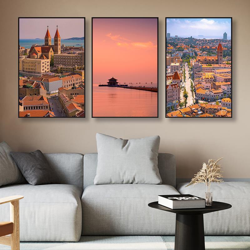 山东青岛装饰画海边城市建筑风景挂画栈桥崂山餐厅饭店民宿墙壁画