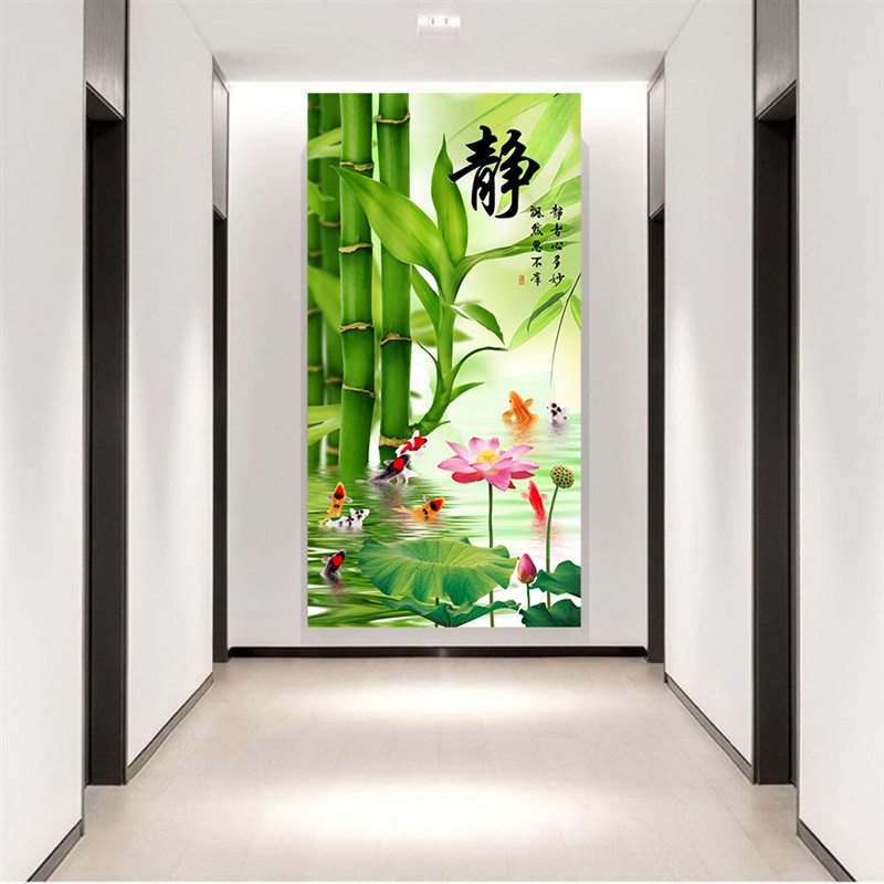 静竹新中式玄关装饰画水竹v荷花九鱼图风水墙贴过道走廊玻璃门贴图片