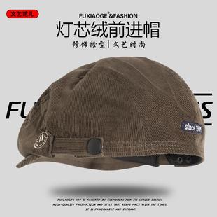 反戴字母灯芯绒前进帽街头潮复古男女日系秋冬画家帽蓓蕾复古帽子