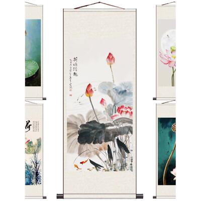 荷花九鱼画水墨花画绢本画卷国画年画多一个月宣纸礼物