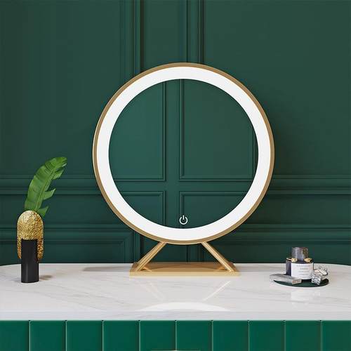 北欧梳妆镜金色圆形装饰镜ins网红台式座镜公主镜LED灯镜子化妆镜