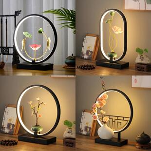 新中式台灯卧室床头灯禅宗国风覆古红婚纱荷花饰品礼品茶几遥控器