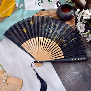 全竹折扇旗袍蹦迪暗古风扇子拍照道具舞蹈扇 扇子中国风黑e色中式