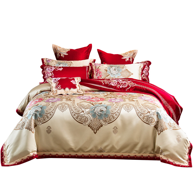 高档婚庆四件组欧式床上用品奢华大红色刺绣提花六八十结婚床盖被