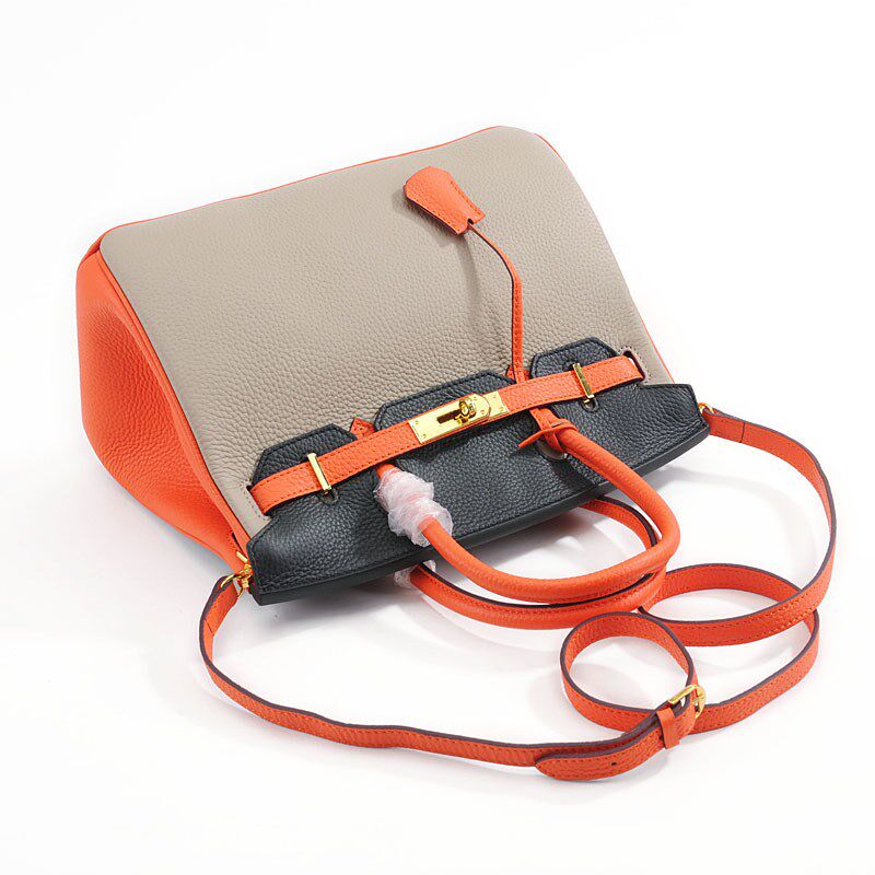 真皮铂金包拼色荔枝纹手提包头层牛皮大容量包包女撞色单肩斜挎包