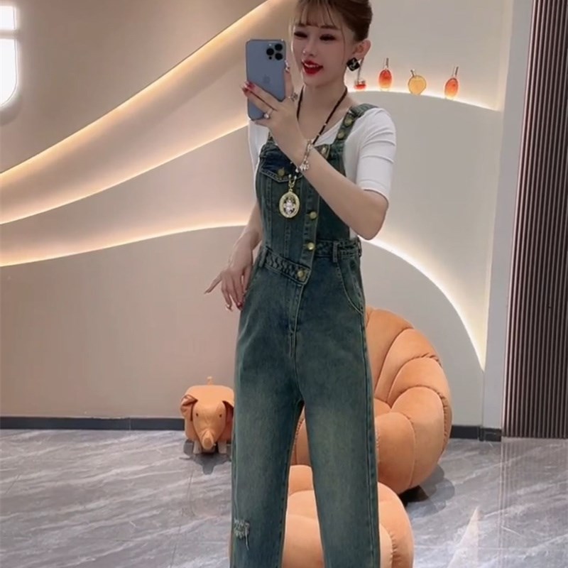 牛仔背带裤女20k24早秋新款韩版宽松网红小个子工装破洞直筒阔腿