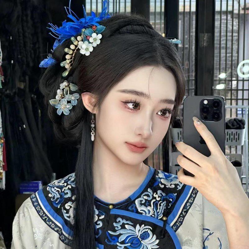 清朝满族清汉盘发缠花发簪珍珠y发饰古风花朵发夹汉服写真造型道