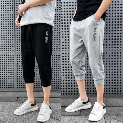 夏季刺绣字母纯色短裤男七分裤潮流百搭休闲运动半截裤薄款束脚裤