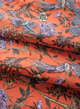 橙色鲜艳花鸟风景图撞色面料复古油画感女装春秋花束包花装饰布料