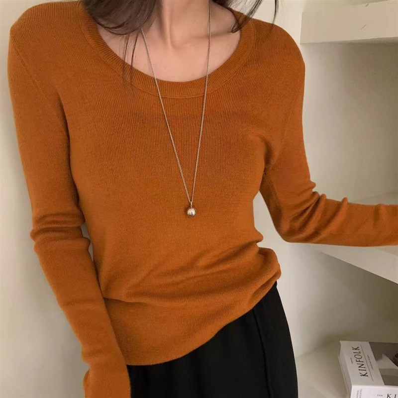 U领含羊毛软糯针织衫毛衣女秋冬基础款纯色高弹力内搭打底上衣潮