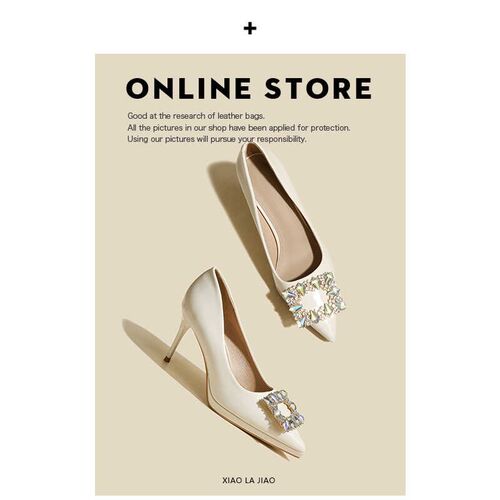 防水台水钻方扣小个子高跟鞋女尖头细跟单鞋真皮R不累脚白色软皮