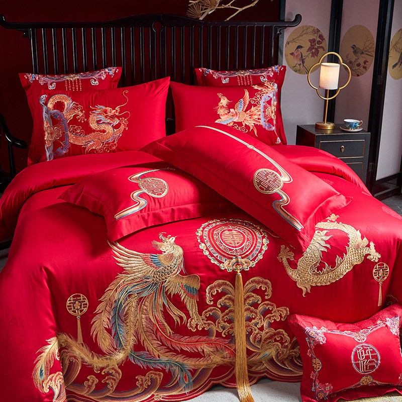 婚庆床品被套四件套大红色全纯棉绣花简约婚房床单结新婚被罩4件