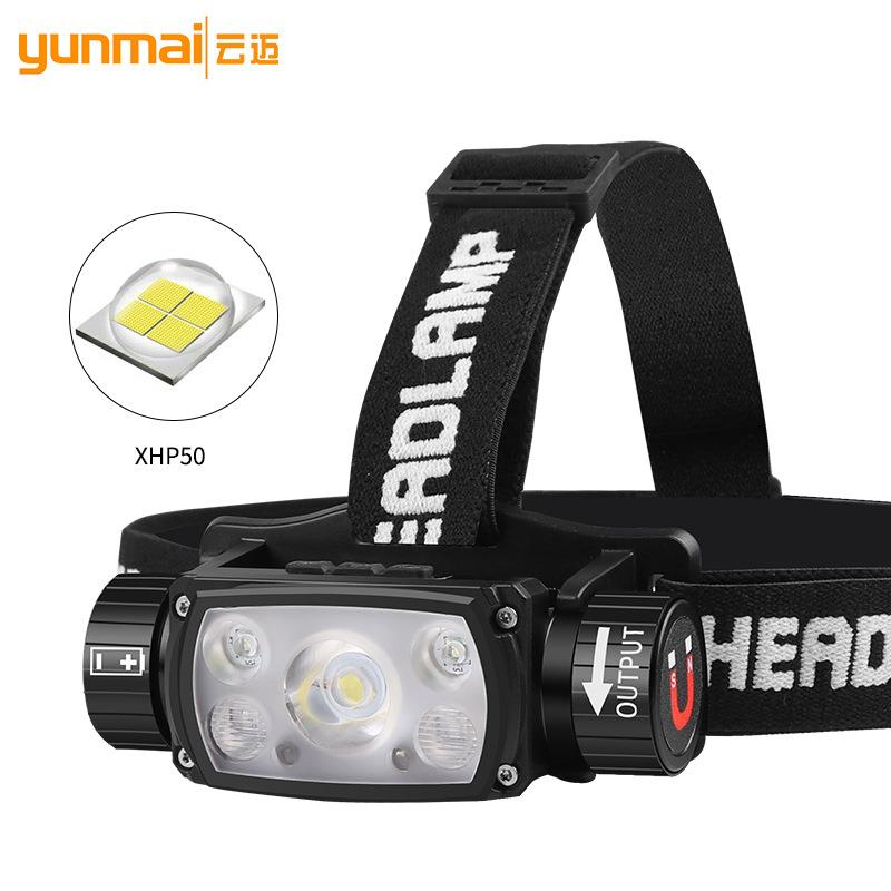 跨境新款21700充电感应强光头灯XHP50LED type-c充电磁吸工作头灯