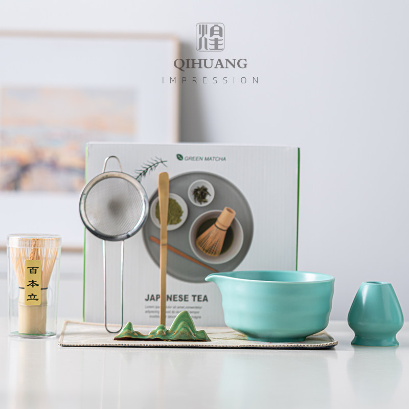 欧式典雅蒂芙尼蓝陶瓷抹茶碗7件套打抹茶工具点茶碗抹茶筅立礼盒