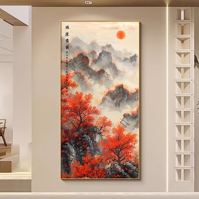 鸿运当头挂画2025新款东墙玄关装饰画中式山水画走廊过道尽头壁画