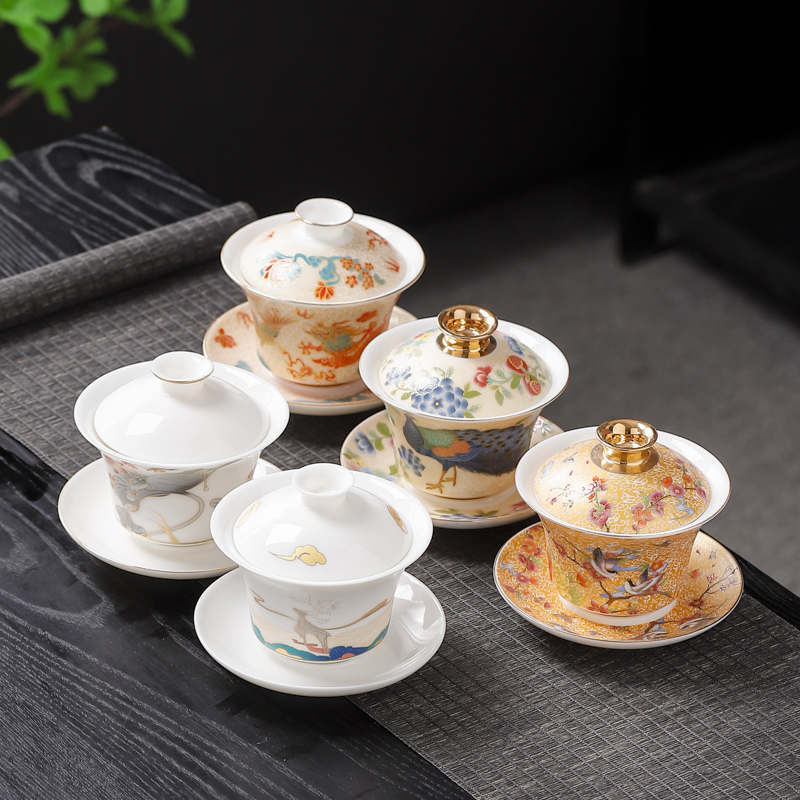 珐琅彩中式复古印花盖碗