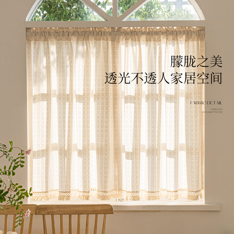 棉麻窗帘日式纱帘飘窗卧室隔断门帘法式复古半帘厨房阳台空调帘