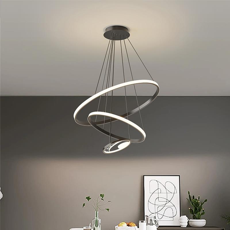 餐厅吊灯现代简约大气家用饭桌灯具网红三圈一字长条吊灯中山灯具