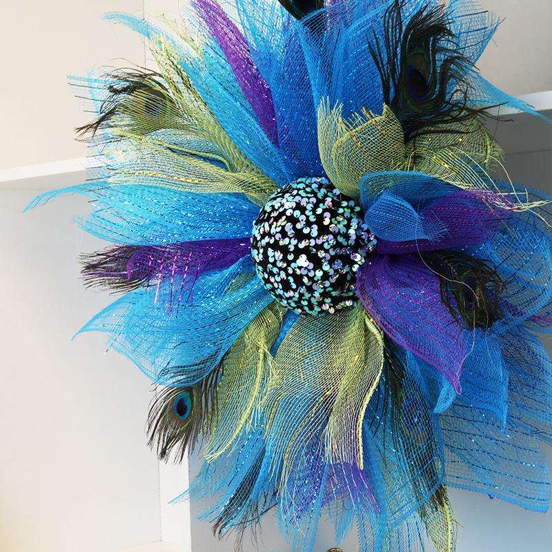 彩色仿真孔雀羽毛花环家居卧室挂件五彩仿真花壁挂门挂吊件