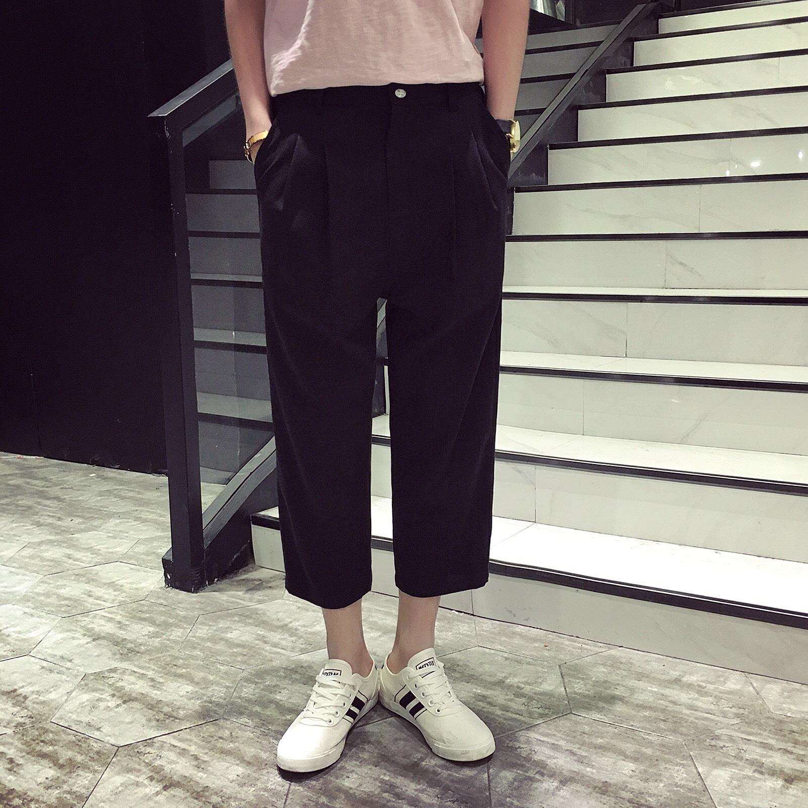 港风男士休闲宽松腰围后松紧带格子八分阔腿裤时尚休闲男式潮裤