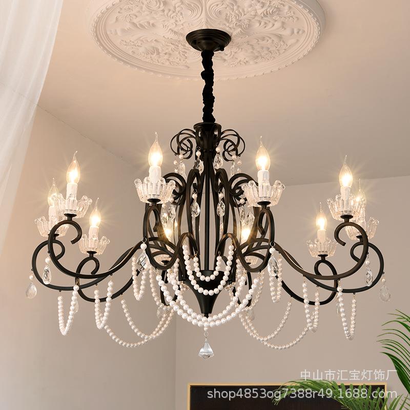 法式蜡烛水晶吊灯美式黑色高级感艺术客厅卧室灯轻奢别墅客厅灯饰