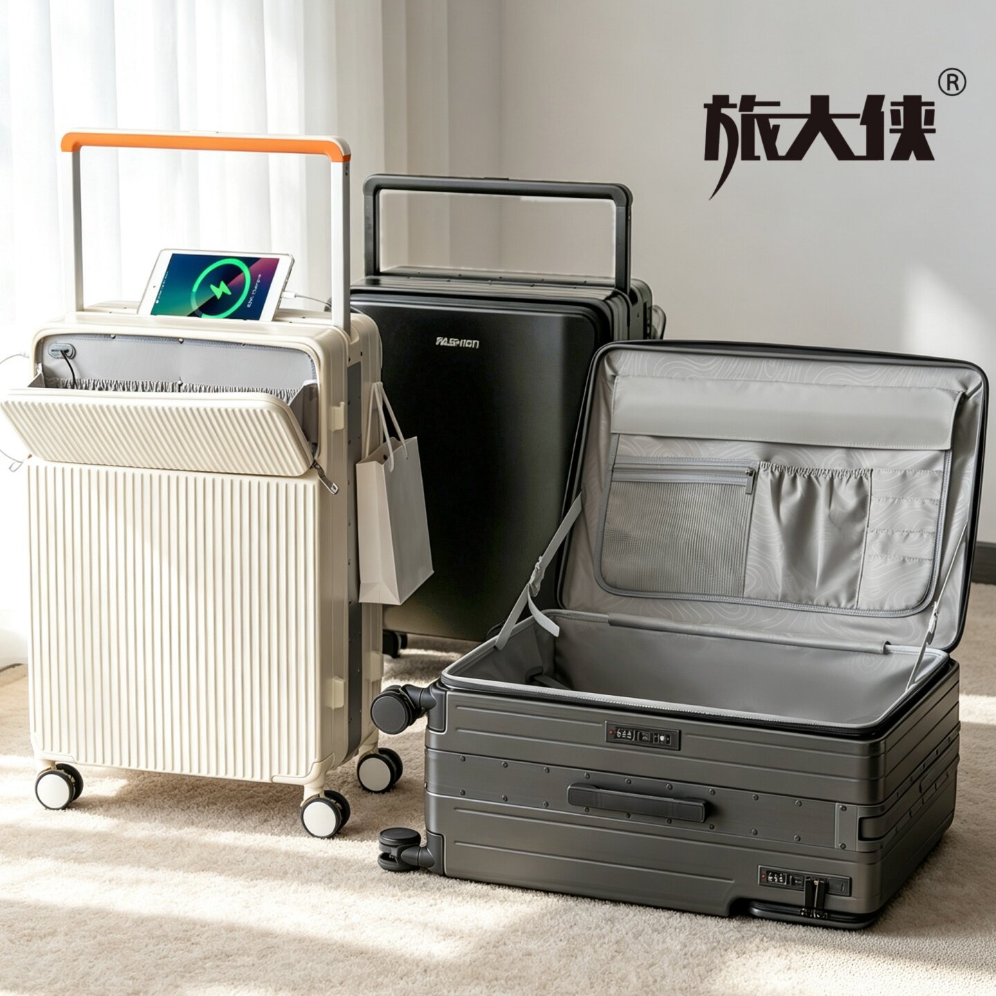 双开行李箱女多功能翻盖宽拉杆箱图片