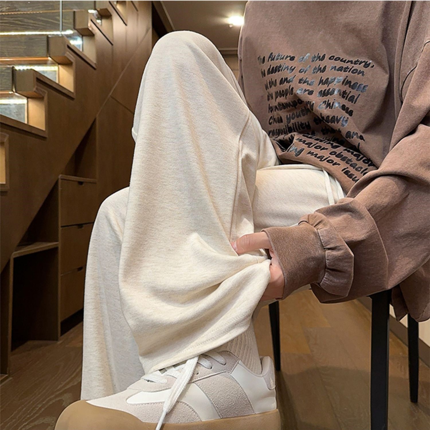 糯米裤子男装秋冬加绒深灰色宽松百搭春秋软糯直筒垂坠感阔腿裤子