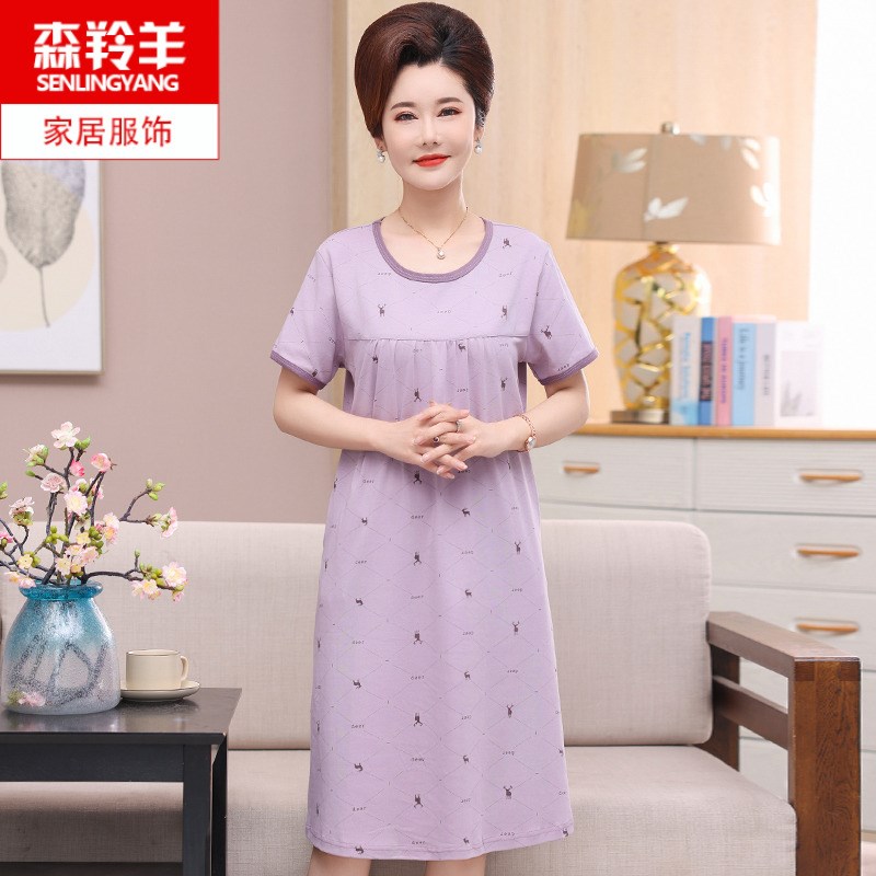 中年人妈妈夏天短袖纯棉薄款睡裙夏季女士休闲宽S松连衣裙子中长