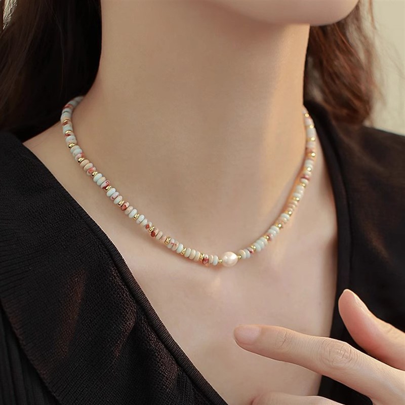 彩色石天然珍珠项链女轻奢小众多巴胺串珠锁骨链新款爆款颈链