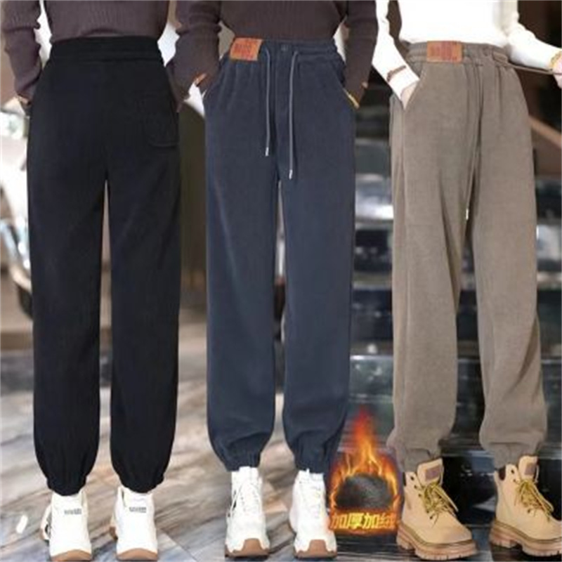 大码中年妈妈保暖女裤秋冬卫裤加绒加厚阔腿裤P子外穿束脚休闲裤