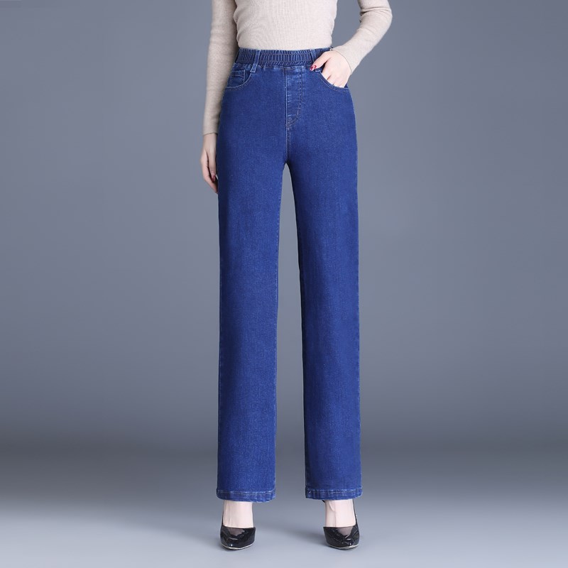 松紧腰直筒牛仔裤高腰显瘦蓝色直筒裤宽松矮个子中年X妈妈九分长