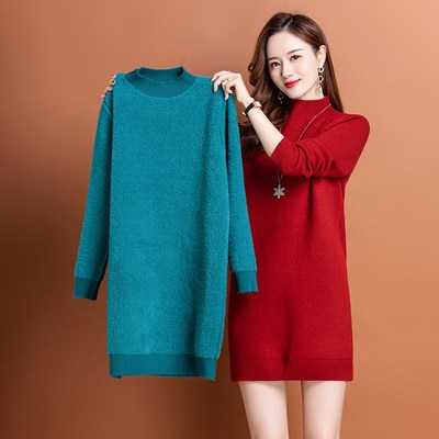半高领加绒毛衣裙女士很厚中长款秋冬2025年新款一体绒内搭打底衫