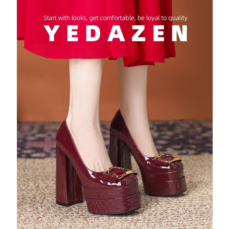 15CM恨天高超高跟鞋女厚底增高小个子婚鞋神器新娘鞋粗跟方扣单鞋