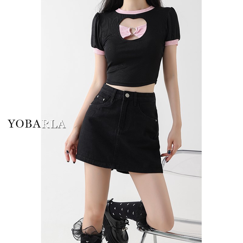 黑色牛仔短裙裤女高腰o夏季大码胖mm遮肚子显瘦梨形身材a字半身裙