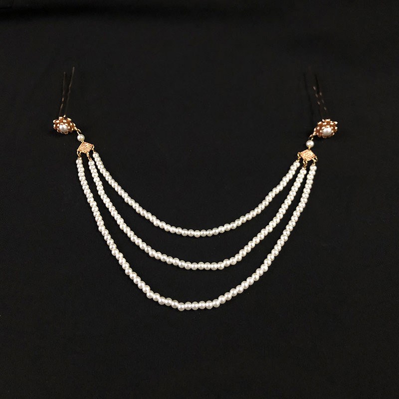 宋风明制古风珍珠发簪三层珠帘汉服仙女头饰流苏额饰围髻妆花发钿