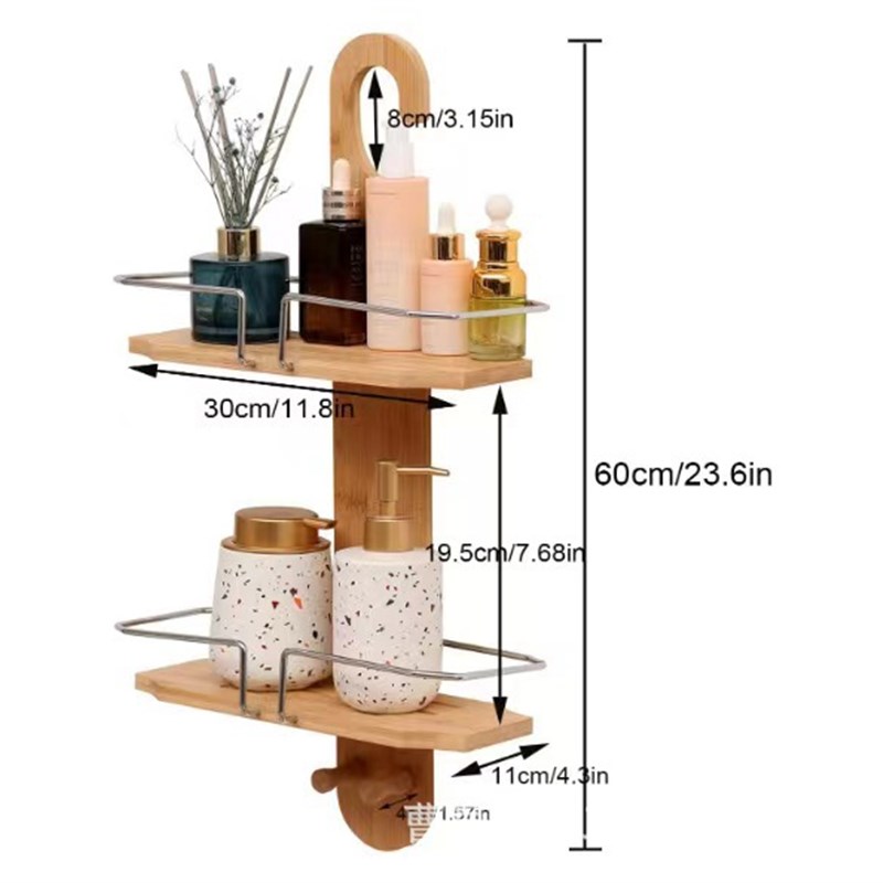 竹制置物架壁挂式浴室用品整理架双层带护栏收纳架厨房实木调料架