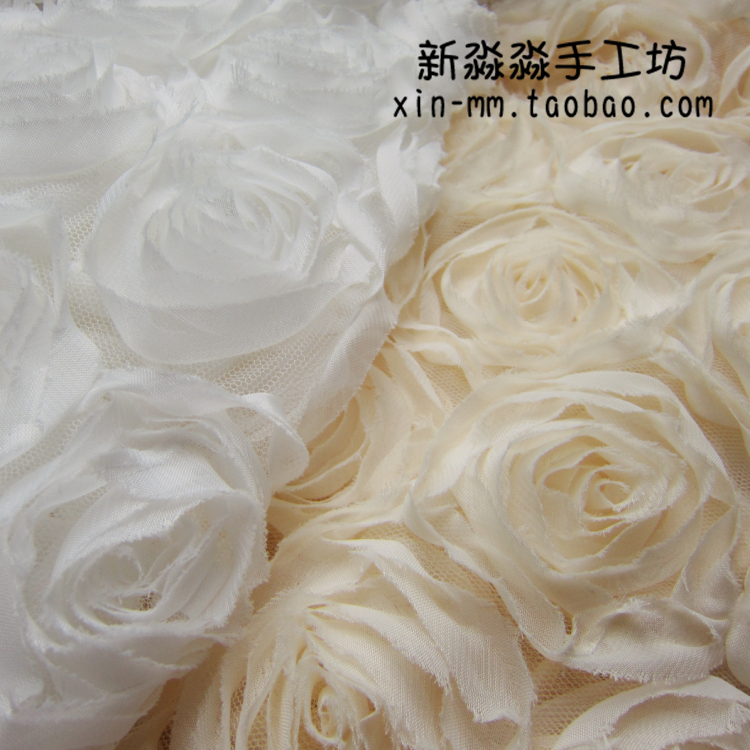 服装DIYc布料 裸杏本白纯色立体花大玫瑰盘花礼服婚纱网纱蕾丝面